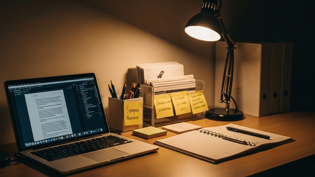 [本文IMAGE_3] 'split screen view of laptop with document editing, organized desk with sticky notes and planner, warm desk 