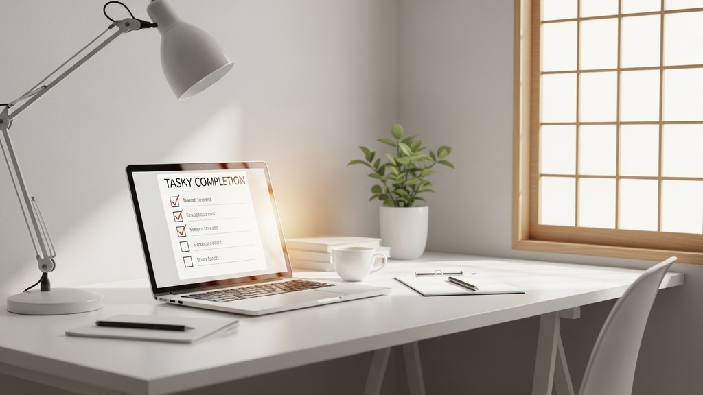 [本文IMAGE_4] 'laptop screen showing checklist or task completion, celebratory moment with coffee cup, morning sunlight, c