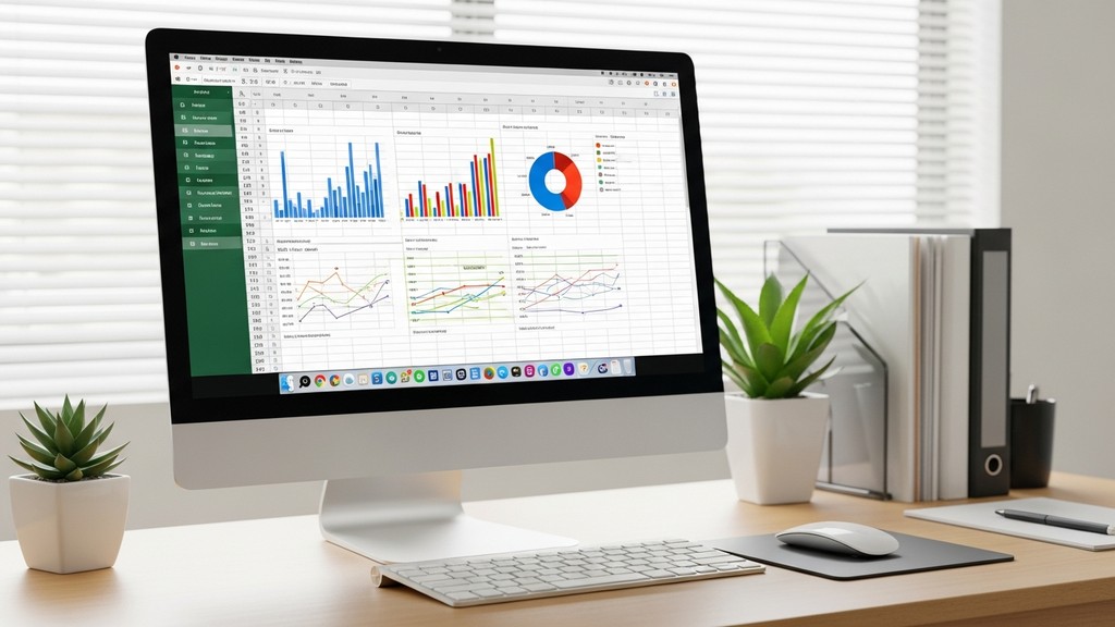 [本文IMAGE_3] 'computer screen displaying excel spreadsheet with colorful data charts, modern keyboard and mouse, organize