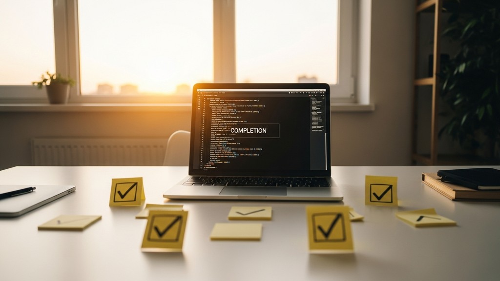 [本文IMAGE_4] 'achievement concept image with laptop showing completed code, sticky notes with checkmarks, warm sunset lig
