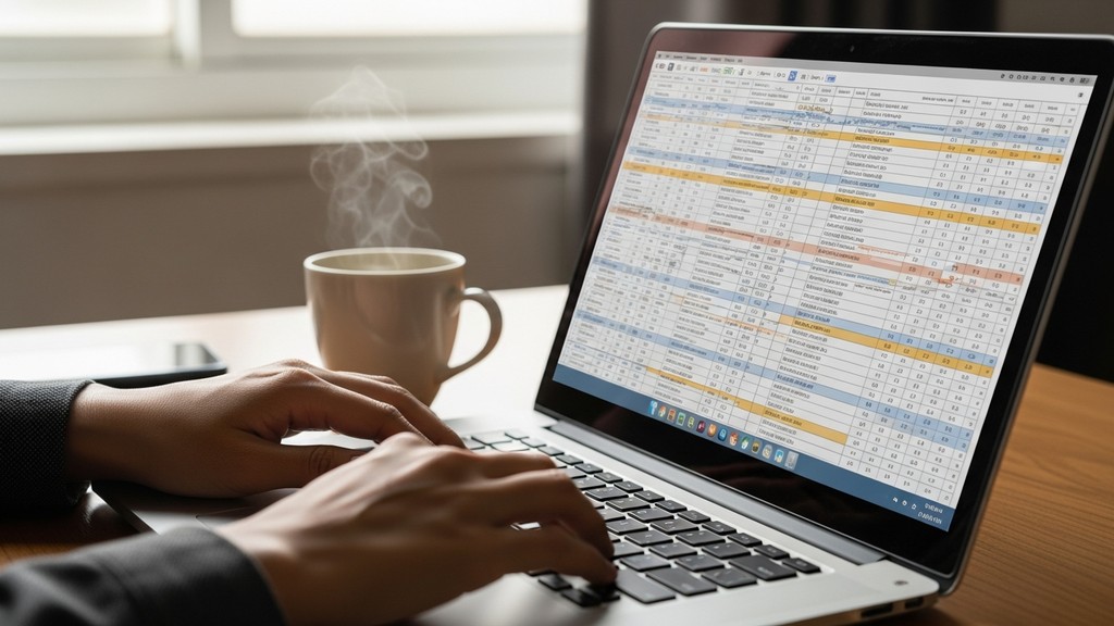 [本文IMAGE_2] 'close-up of hands typing on laptop keyboard with spreadsheet on screen, coffee cup beside, japanese home of