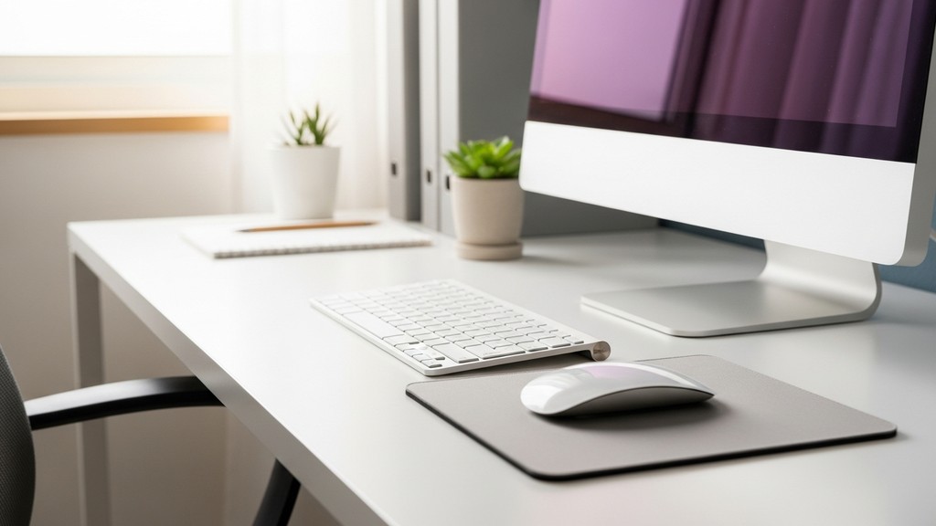[本文IMAGE_4] 'wireless mouse and keyboard on clean white desk, small succulent plant, motivational workspace atmosphere, 