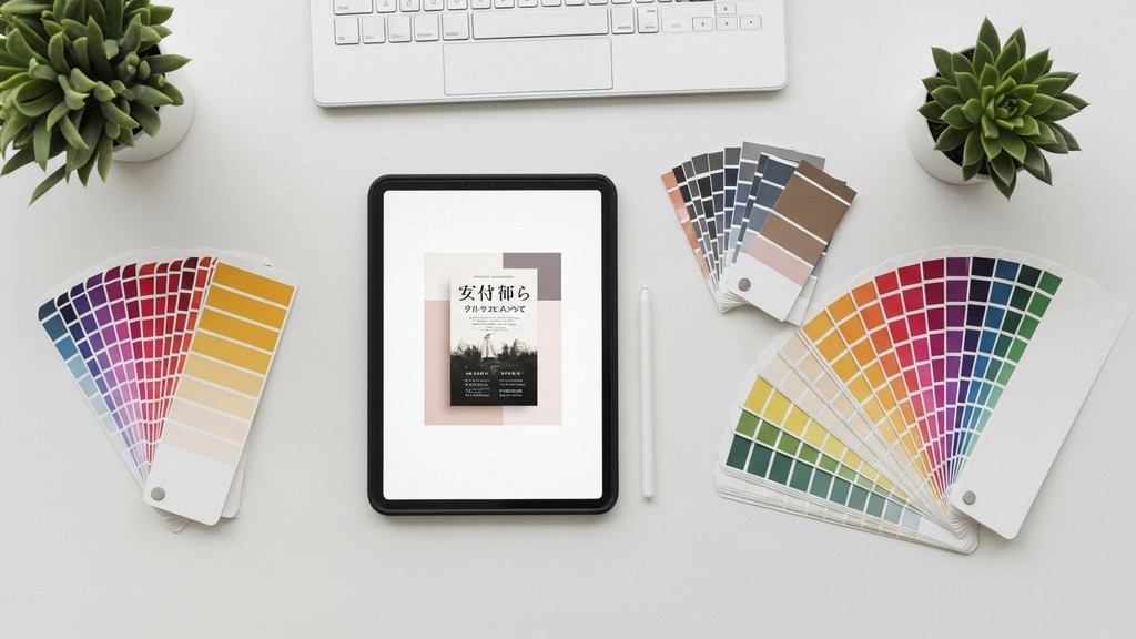 [本文IMAGE_3] flat lay of creative workspace with tablet showing book cover design, color palette swatches, stylus pen, ja
