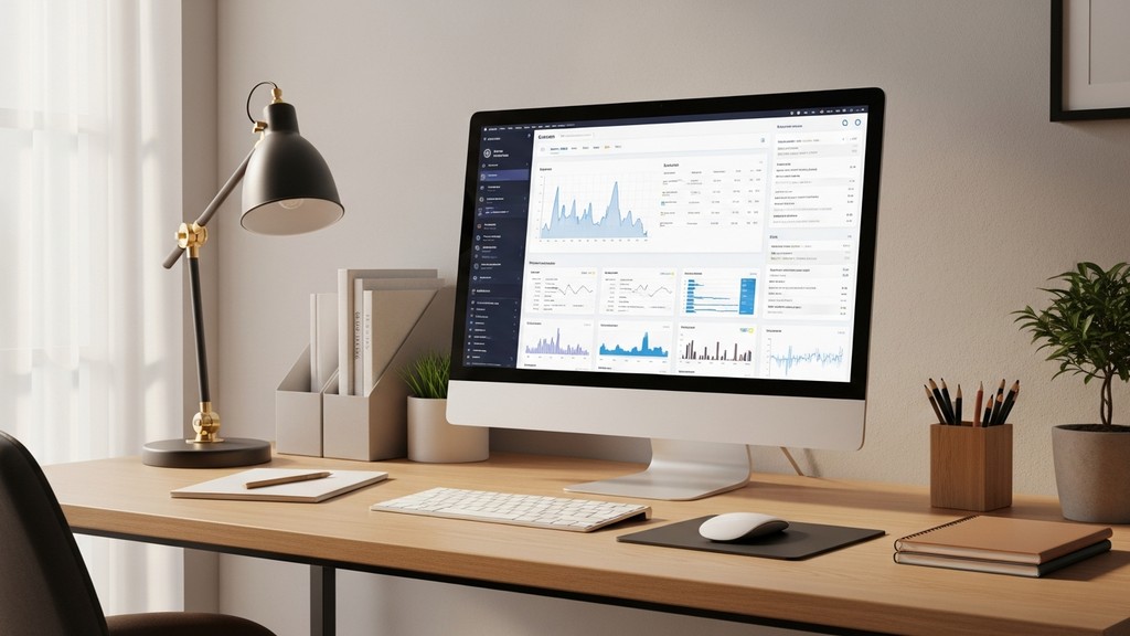 [本文IMAGE_4] modern home office desk setup with computer monitor showing analytics dashboard, wireless mouse, organized s