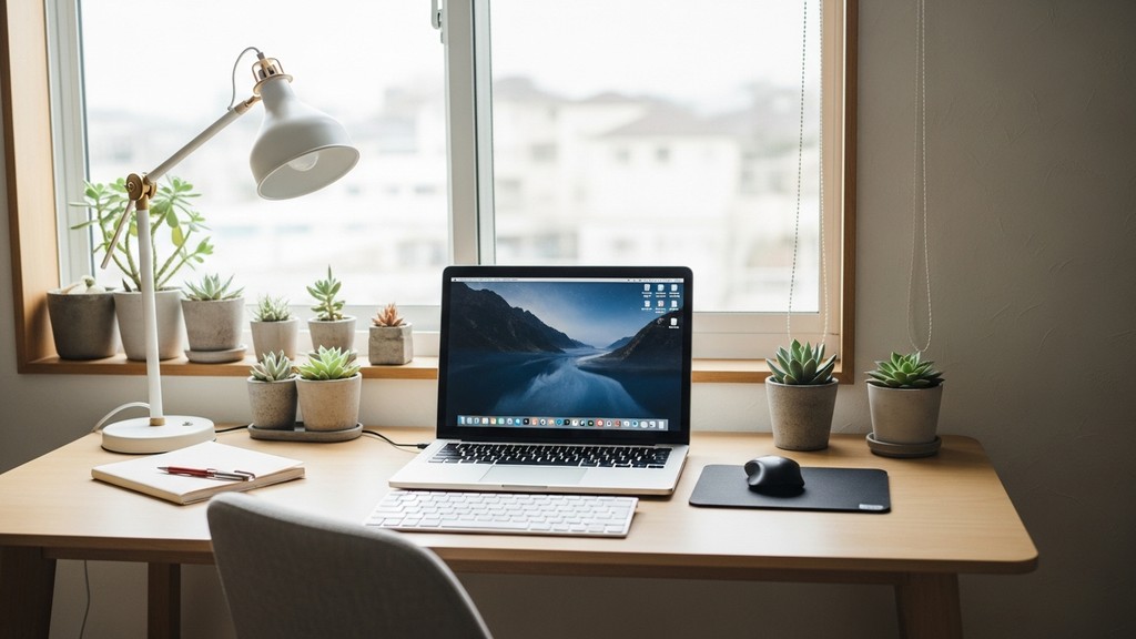 [本文IMAGE_4] Clean workspace with laptop showing upward trending graph on screen, small succulent plant, wireless mouse o