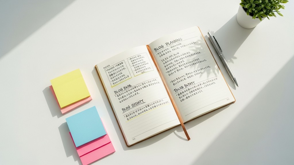 [本文IMAGE_2] notebook with handwritten blog planning notes and colorful sticky notes, pen beside it, japanese minimalist 