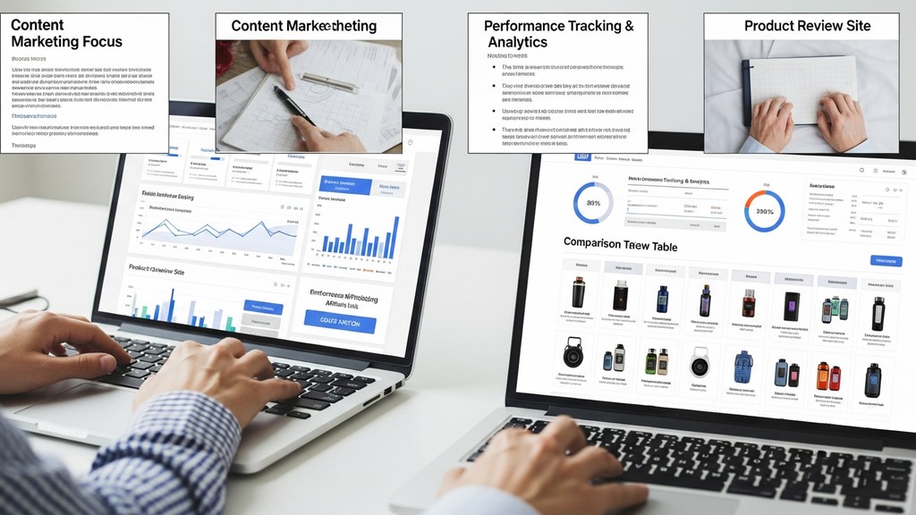 [本文IMAGE_3] close-up of hands typing on laptop keyboard, affiliate marketing website on screen with product comparison t