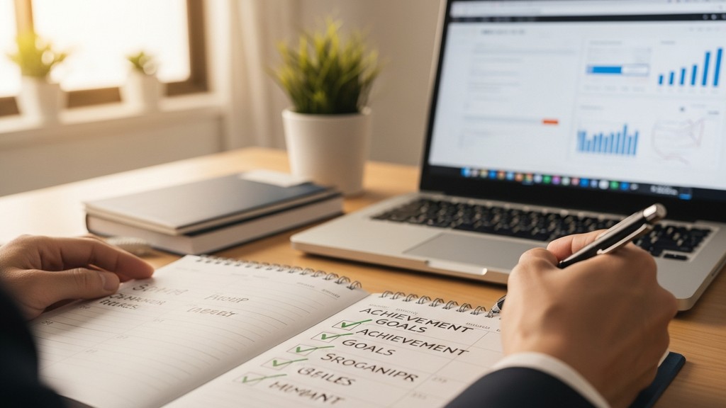 [本文IMAGE_4] calendar planner with checkmarks and goals written, laptop in background showing analytics, japanese home of