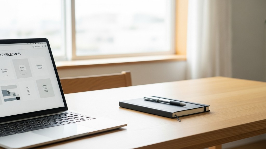 [本文IMAGE_2] minimalist japanese workspace with notebook and pen, laptop showing template selection grid on screen, organ