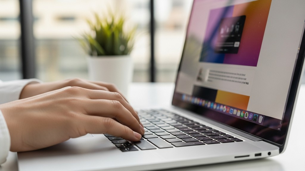 [本文IMAGE_3] close up of hands typing on macbook keyboard editing webpage, blurred colorful landing page on screen, moder