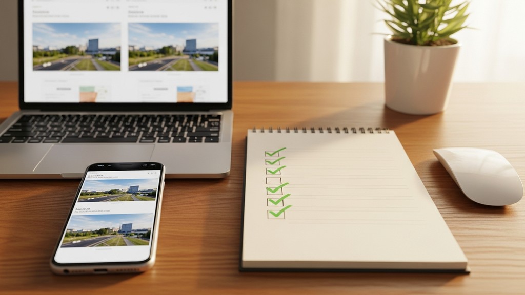 [本文IMAGE_4] japanese style desk with checklist notepad and green checkmarks, smartphone and laptop showing same webpage 