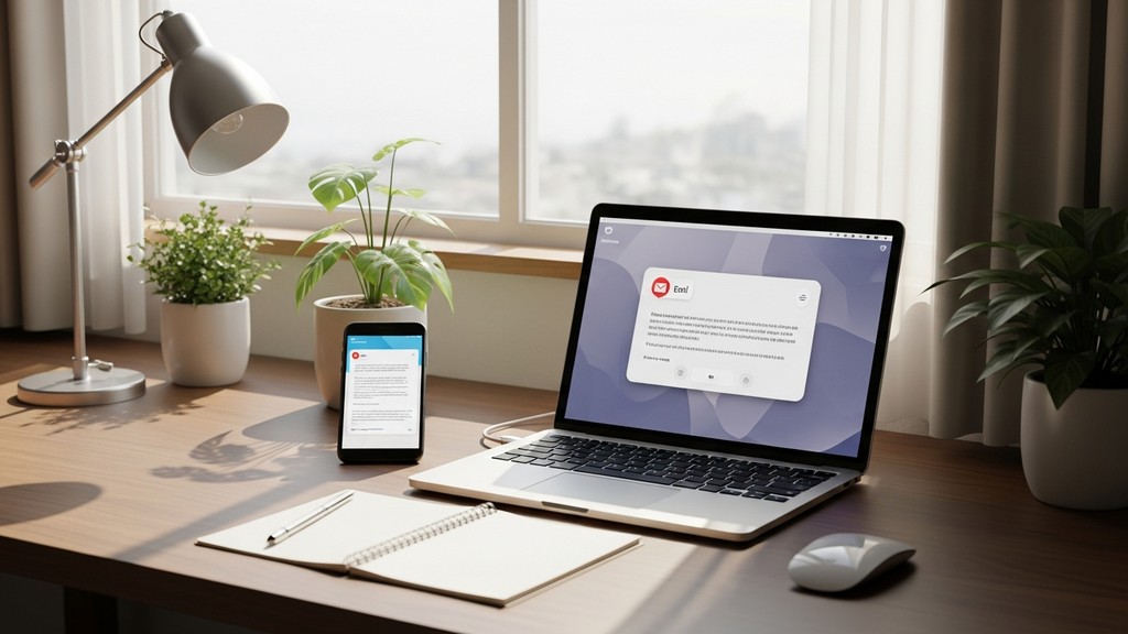 [本文IMAGE_3] 'smartphone displaying email notification next to laptop, japanese minimalist desk with plants, morning sunl