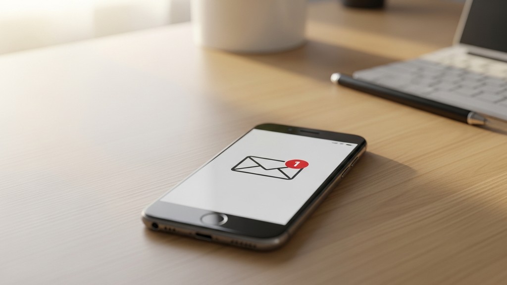 [本文IMAGE_3] smartphone displaying email notification icon, japanese minimalist desk background with wooden texture, morn