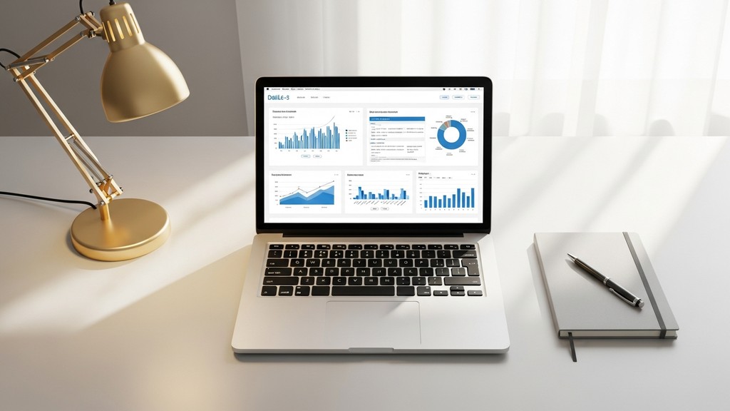 [本文IMAGE_2] laptop computer displaying business dashboard on screen, notebook and pen beside keyboard, warm desk lamp li