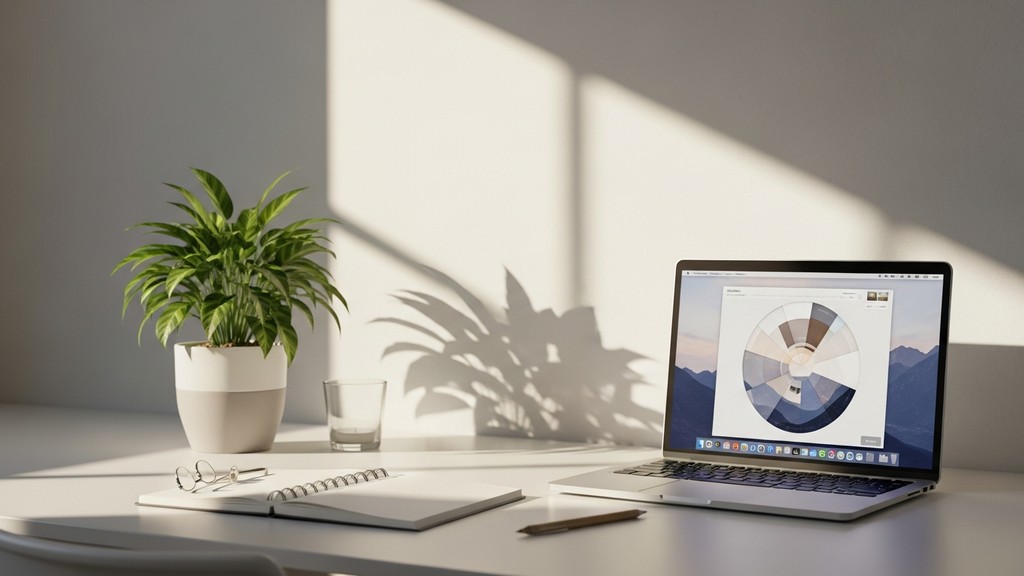 [本文IMAGE_2] hands typing on macbook keyboard with research notes and smartphone on wooden desk, japanese minimalist styl