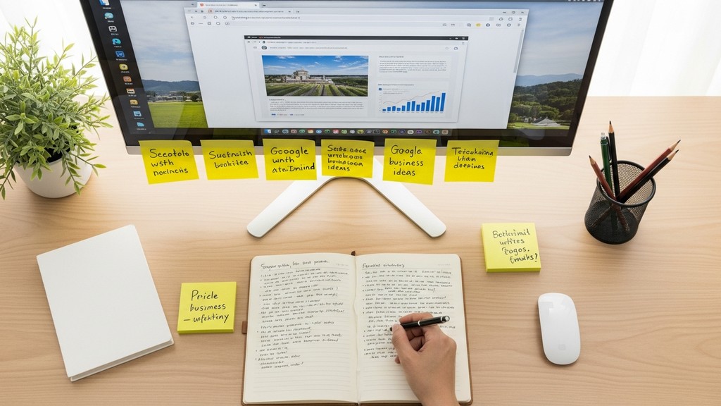 [本文IMAGE_3] neat organized desk with multiple browser tabs concept, sticky notes with business ideas, notebook with hand