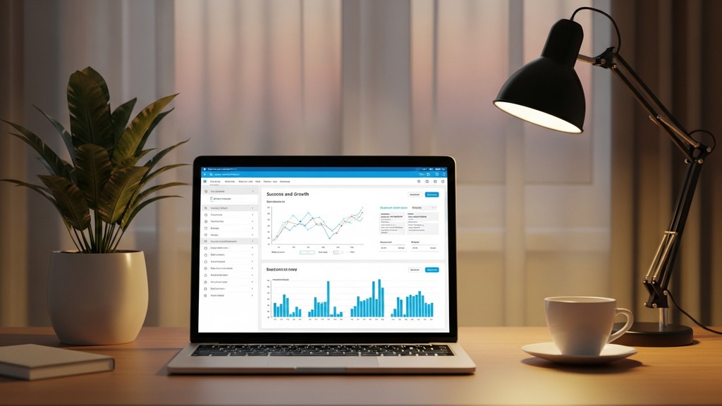 [本文IMAGE_4] laptop screen with analytics dashboard concept, success and growth imagery, clean desk setup with plant, jap