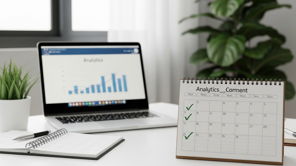 [本文IMAGE_4] Calendar planner with checkmarks and schedule, laptop in background showing analytics graph, green plant on 