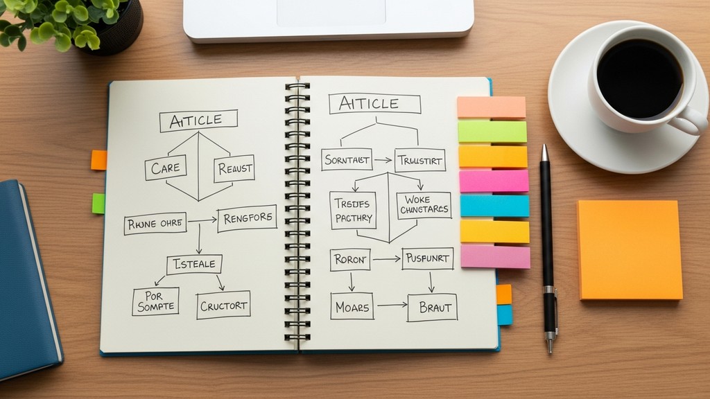 [本文IMAGE_3] organized notebook with article outline and structure sketch, colorful sticky notes on desk, coffee cup near