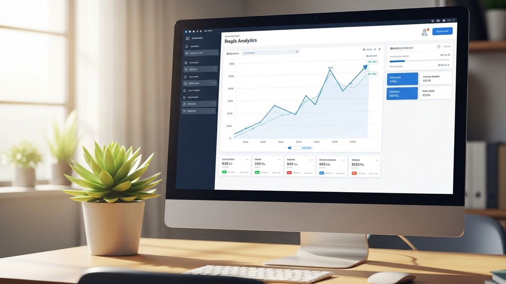 [本文IMAGE_4] analytics dashboard on computer screen showing upward trend graph, japanese office desk with succulent plant