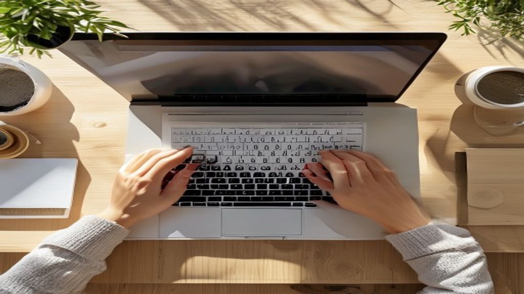 [本文IMAGE_2] overhead view of hands typing on laptop keyboard, preparing blog registration form on screen, japanese minim