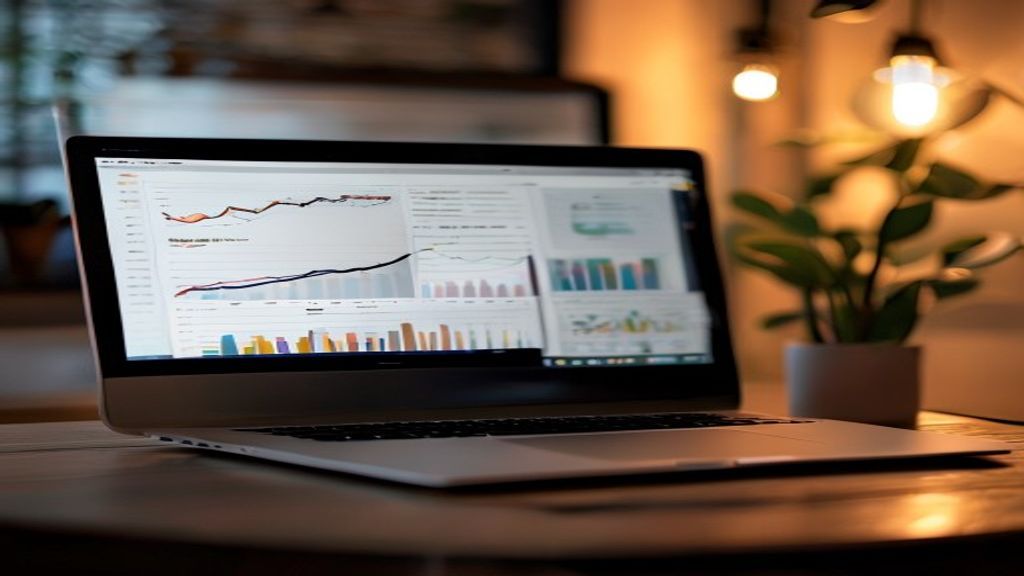 [本文IMAGE_3] close up of laptop screen showing website analytics graphs and charts, blurred background with indoor plant,