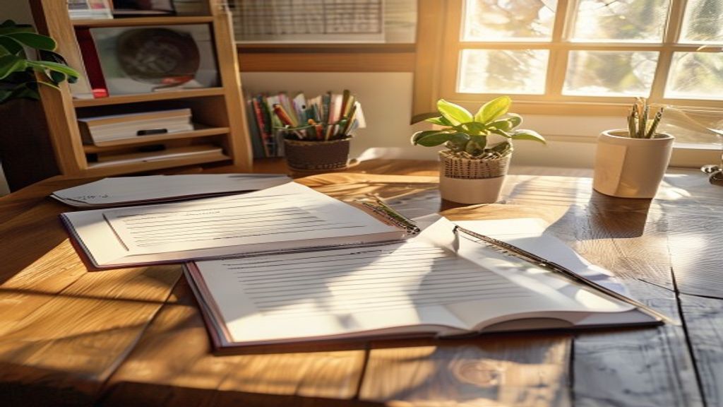 [本文IMAGE_4] motivational workspace scene with completed checklist notebook, pen, and laptop on wooden desk, morning sunl