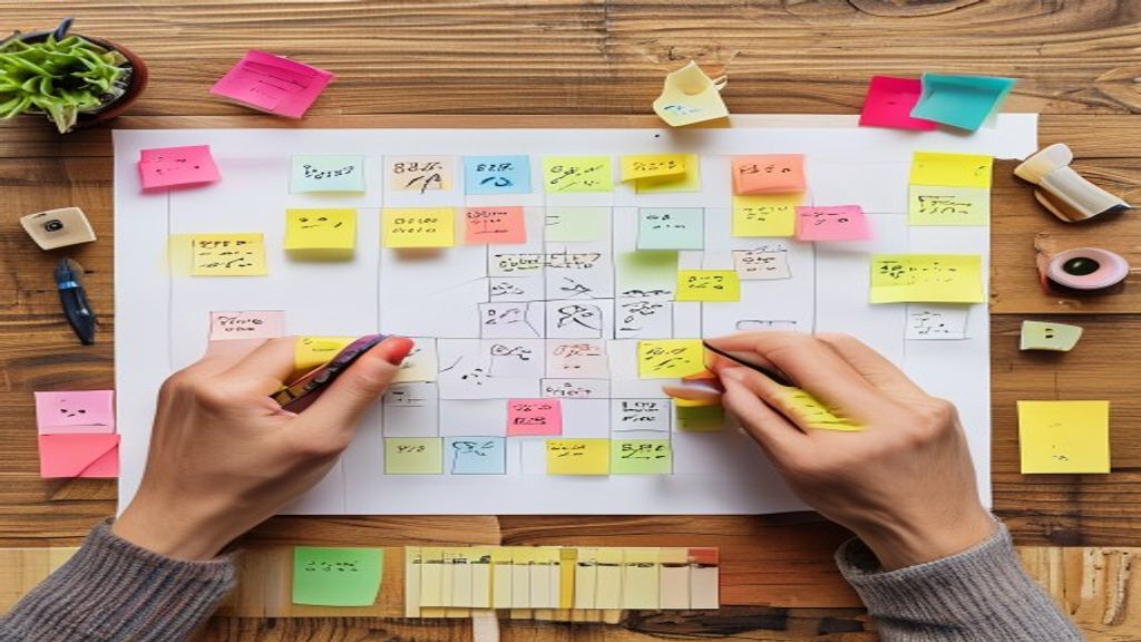 [本文IMAGE_2] overhead view of hands writing mind map on white paper, colorful sticky notes arranged in hierarchy, wooden 