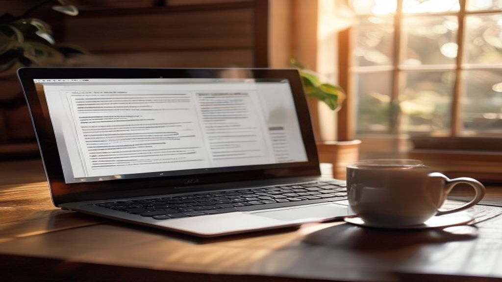 [本文IMAGE_3] laptop screen showing document outline with chapter headings, coffee cup beside keyboard, cozy japanese work