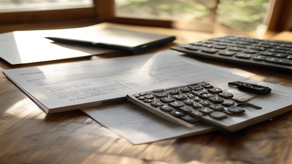 [本文IMAGE_2] close up of japanese tax documents and calculator on wooden desk, pen and notebook beside, soft daylight fro
