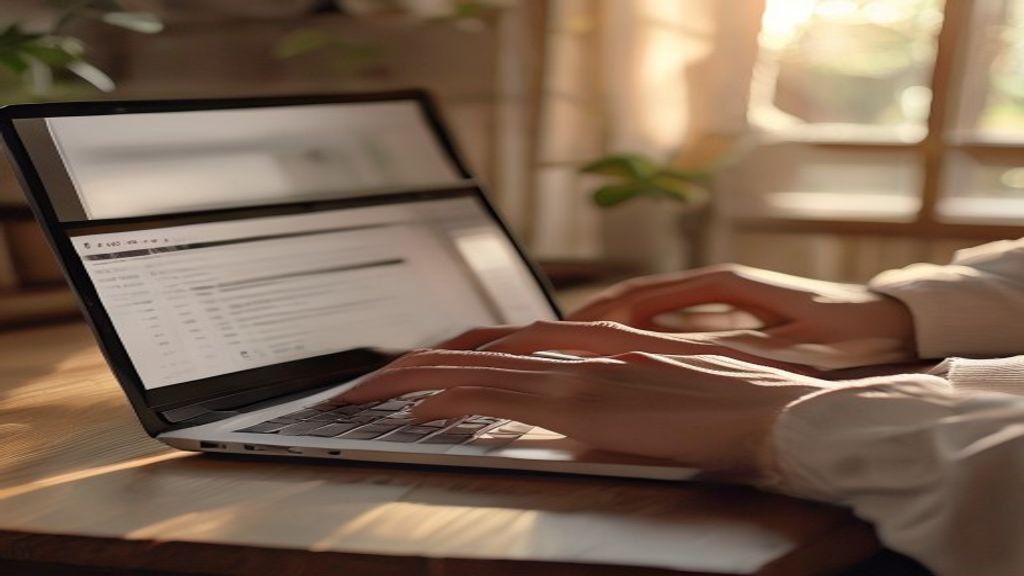 [本文IMAGE_3] person hands typing on laptop keyboard, e-tax screen visible, japanese style home interior, morning light, f