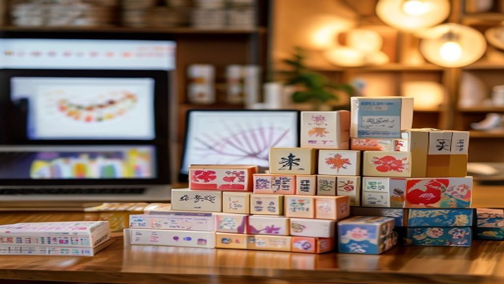 [本文IMAGE_4] neat stack of japanese regional specialty products and gift boxes on table, laptop with charts in background