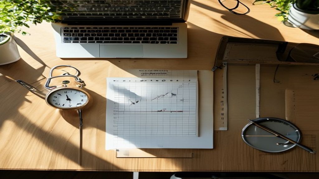[本文IMAGE_2] notebook with handwritten time tracking chart, stopwatch beside laptop, japanese minimalist desk, natural da