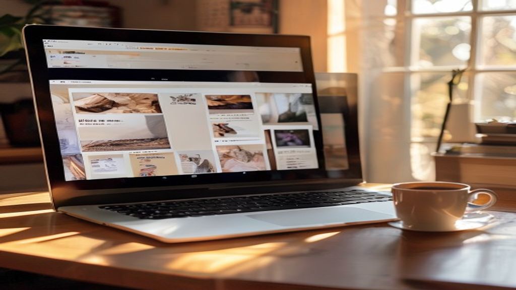 [本文IMAGE_3] laptop screen showing canva interface with multiple image templates, coffee cup nearby, japanese home office