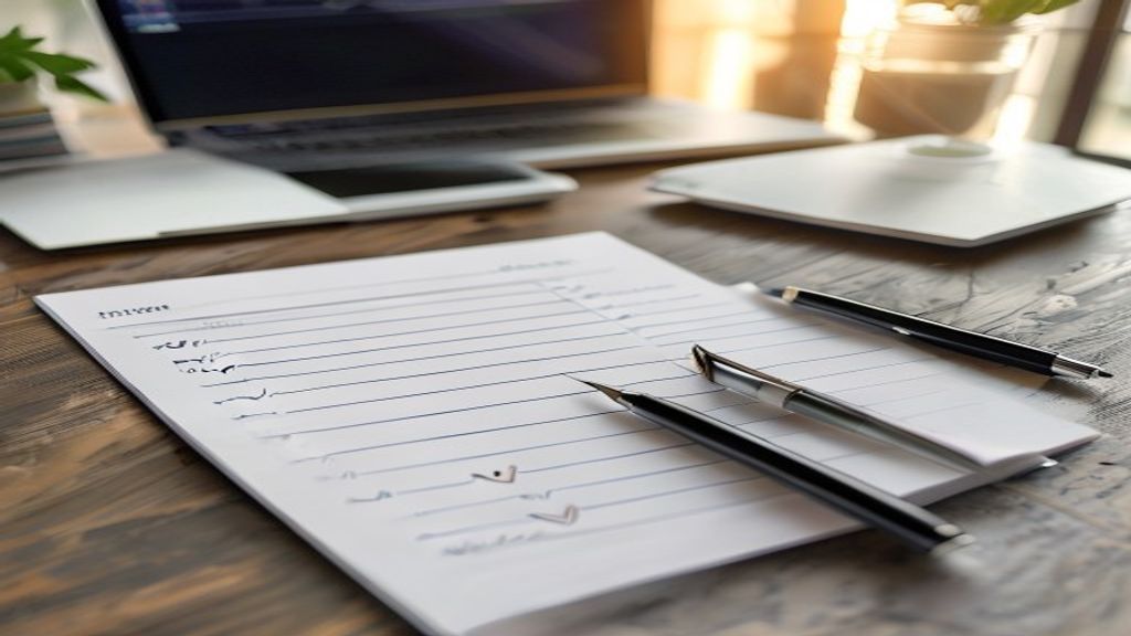 [本文IMAGE_4] checklist on paper with checkmarks, pen beside notebook, laptop in background showing analytics graph, japan