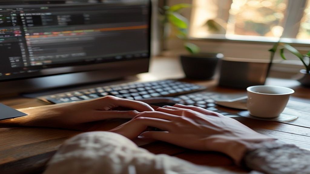 [本文IMAGE_2] close-up of hands typing on keyboard with video editing software on screen, coffee cup beside laptop, japane