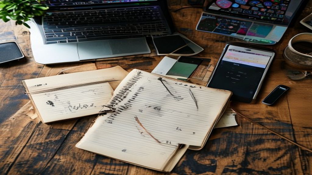 [本文IMAGE_3] notebook with handwritten notes and smartphone showing youtube app, laptop in background with editing softwa