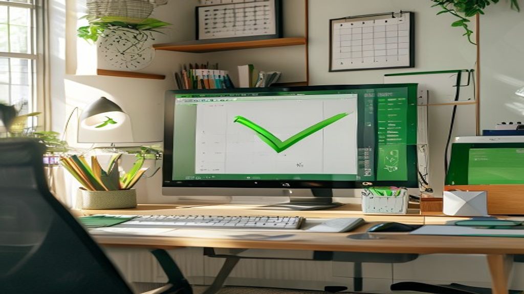 [本文IMAGE_4] organized workspace with completed video project on monitor screen, green checkmark symbol, calendar and pla
