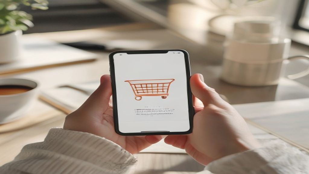 [本文IMAGE_2] hand holding smartphone displaying e-commerce app with shopping cart icon, blurred desk background with note