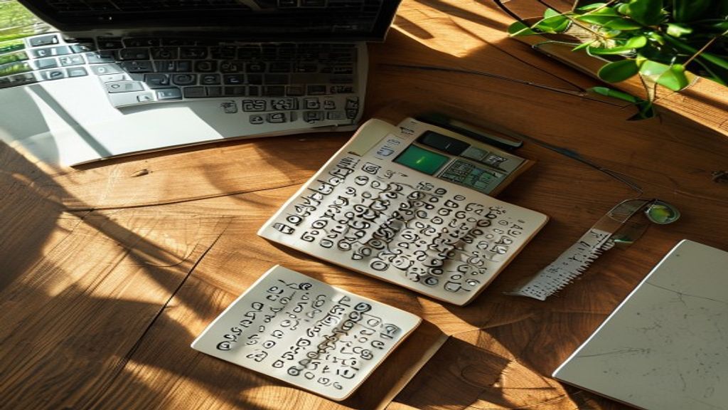 [本文IMAGE_3] calculator and notebook with handwritten numbers on wooden desk, laptop partially visible, japanese style st