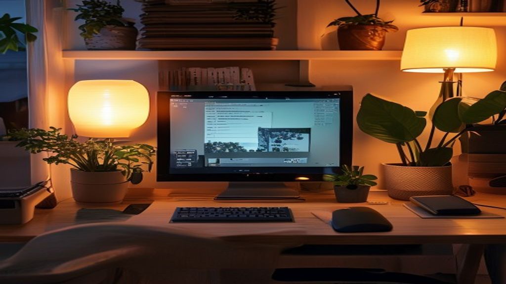 [本文IMAGE_4] cozy japanese home office workspace with wireless mouse and keyboard, potted plant, organized desk setup, ev