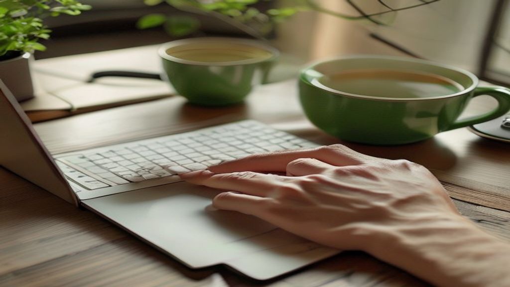 [本文IMAGE_2] close up of hands typing on laptop keyboard, notebook with handwritten outline beside, cup of green tea, jap