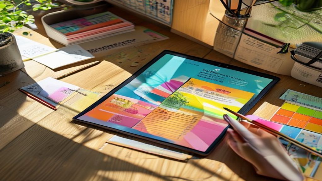 [本文IMAGE_3] creative workspace with tablet showing colorful book cover design, stylus pen, color swatches, japanese home