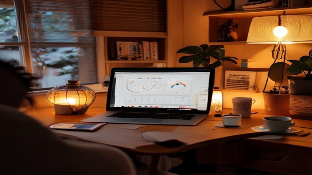 [本文IMAGE_4] cozy japanese home office corner with laptop showing analytics dashboard, small celebration items like coffe
