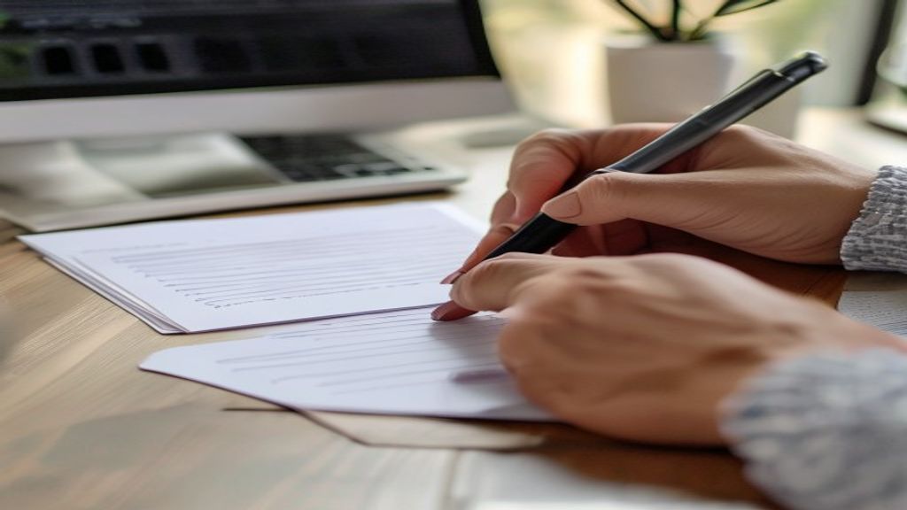 [本文IMAGE_2] close up of hands writing notes on white paper with pen, laptop computer in background, brainstorming sessio