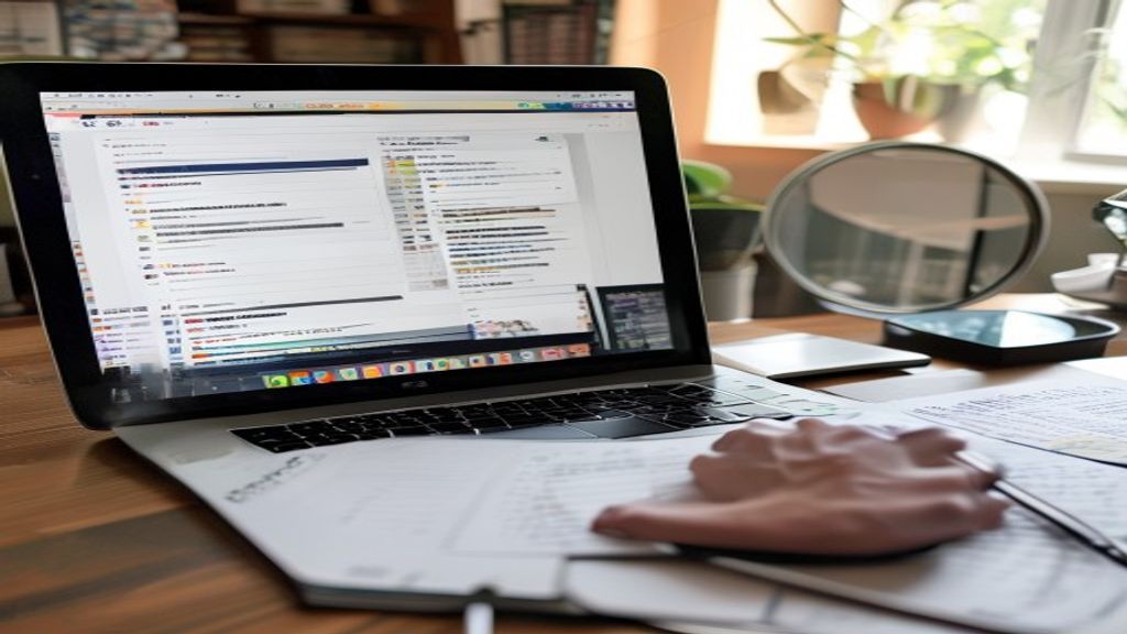 [本文IMAGE_3] split screen concept showing laptop with search results page and notebook with handwritten keyword list, mag