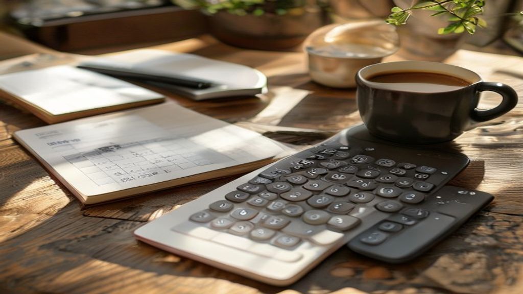 [本文IMAGE_4] calculator and smartphone on wooden desk with notebook showing simple calculations, coffee cup nearby, finan