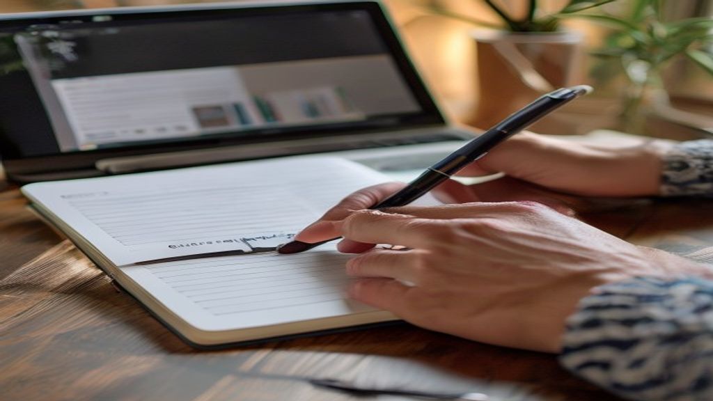 [本文IMAGE_2] close-up of hands writing in notebook with laptop open showing website in background, japanese style desk, n