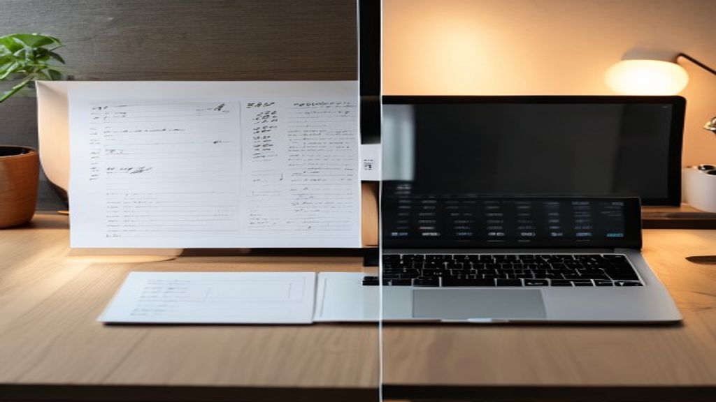 [本文IMAGE_3] split screen concept showing handwritten draft paper and digital document on laptop, japanese minimalist wor
