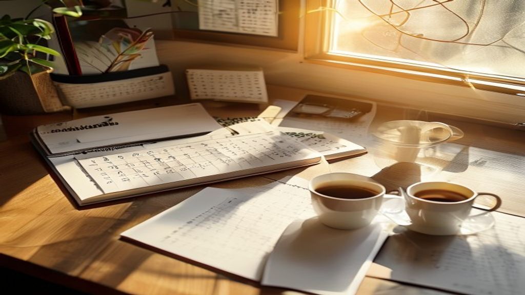 [本文IMAGE_4] organized desk with calendar, checklist notebook, coffee cup and wireless mouse, japanese home office settin